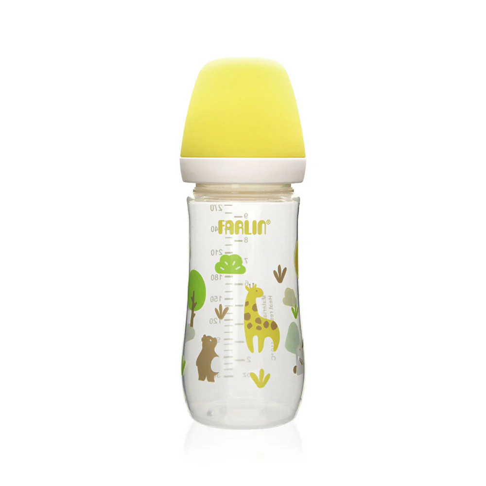 ab-42022ygo-outdoors-270ml-index-pic-01 Farlin standard neck baby feeding bottle featuring a solid yellow cap, clear measurement scale, and printed safari animals on a transparent body.