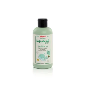 A 200ml bottle of Pigeon Natural Botanical Baby Shampoo formulated with olive oil, argan oil, and chamomile for gentle, tear-free hair care at Mini and Me.