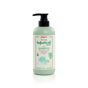A large 500ml pump bottle of Pigeon Natural Botanical Baby Shampoo enriched with olive oil, argan oil, and chamomile for gentle, tear-free infant hair care at Mini and Me.