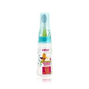 Farlin The Easy Feeder all-in-one baby spoon feeding bottle in blue, featuring a soft spoon attachment and cute bird illustrations.
