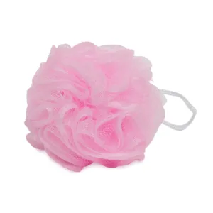 Soft pink baby bath loofah mesh sponge with an attached hanging string for gentle newborn bath time skin care.