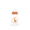 Pigeon Compact Flexible baby bottle for 0+ months featuring a cute deer and falling autumn leaves illustration with an orange collar cap.