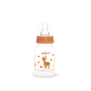 Pigeon Compact Flexible baby bottle for 0+ months featuring a cute deer and falling autumn leaves illustration with an orange collar cap.