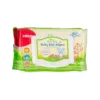 A pack of Farlin Herbal Baby Wet Wipes featuring a green and white design with a white plastic flip-top lid, highlighting details like 85 pieces, alcohol-free formula, and enriched moisturizing skincare for tender skin.