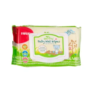 A pack of Farlin Herbal Baby Wet Wipes featuring a green and white design with a white plastic flip-top lid, highlighting details like 85 pieces, alcohol-free formula, and enriched moisturizing skincare for tender skin.