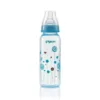 Pigeon Flexible Feeder baby bottle with an anti-colic teat, featuring a blue and brown balloon print pattern and a blue collar cap.