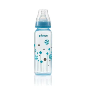 Pigeon Flexible Feeder baby bottle with an anti-colic teat, featuring a blue and brown balloon print pattern and a blue collar cap.