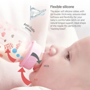 Pigeon Nursing Bottle Crystal PP with an anti-colic teat, featuring a blue and brown bubble balloon pattern print and a matching blue collar cap.