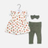 A premium three-piece summer clothing set for baby girls featuring a sleeveless flared cream frock with an orange floral print and shoulder ruffles, paired with textured olive green ribbed leggings and a matching knotted bow headband, displayed on a white hanger.