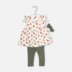 A premium three-piece summer clothing set for baby girls featuring a sleeveless flared cream frock with an orange floral print and shoulder ruffles, paired with textured olive green ribbed leggings and a matching knotted bow headband, displayed on a white hanger.