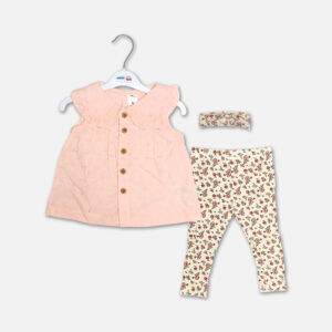 A premium three-piece summer clothing set for baby girls featuring a sleeveless pastel pink button-down top with a ruffled Peter Pan collar and wooden buttons, paired with cream-colored leggings in a red floral print and a matching knotted bow headband, displayed on a white hanger.