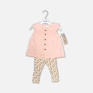 A premium three-piece summer clothing set for baby girls featuring a sleeveless pastel pink button-down top with a ruffled Peter Pan collar and wooden buttons, paired with cream-colored leggings in a red floral print and a matching knotted bow headband, displayed on a white hanger.