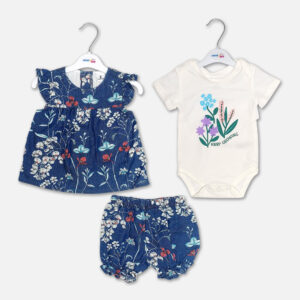 A premium three-piece summer clothing set for baby girls featuring a sleeveless navy blue floral print frock with ruffle sleeves, a matching floral bloomer diaper cover, and an off-white short-sleeve bodysuit with a "Keep Growing" floral print design, displayed on white hangers.