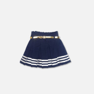 A premium two-piece baby girls clothing set featuring a white cap-sleeve button-down shirt with embroidered flowers, sequins, and a navy bow tie, alongside a pleated navy blue skirt with silver stripes and a metallic gold belt, displayed on a hanger.