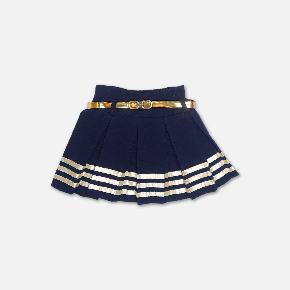 girlsSuit13133-3-4 A premium two-piece baby girls clothing set featuring an off-white cap-sleeve button-down shirt with embroidered flowers, sequins, and a navy bow tie, alongside a pleated navy blue skirt with gold stripes and a metallic gold belt, displayed on a hanger.