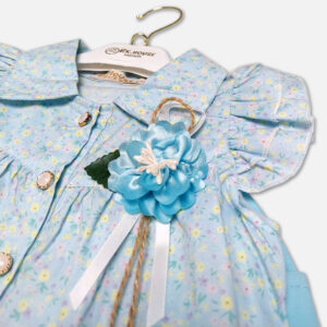 A premium two-piece summer clothing set for baby girls featuring a light blue button-down blouse with an all-over ditsy floral print, ruffle sleeves, and a matching blue fabric flower brooch, alongside sky blue shorts with matching floral side panels, displayed on a hanger.