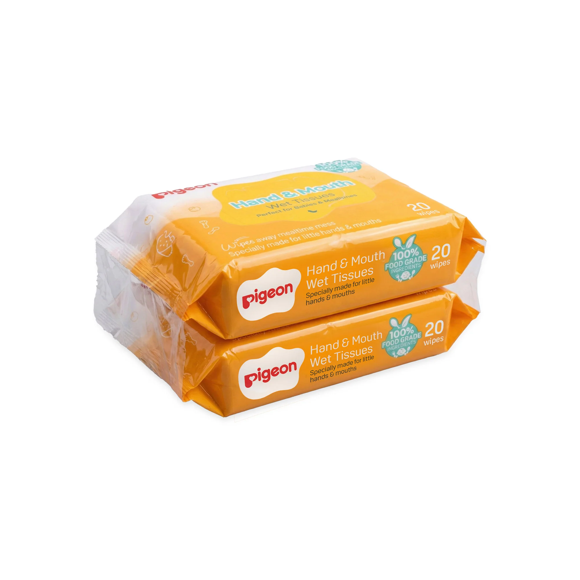 32 A stacked multi-pack of Pigeon Hand and Mouth Wet Tissues featuring a yellow and white packaging layout, highlighting 100% food-grade ingredients and 20 wipes per pack, designed for babies and mealtimes.