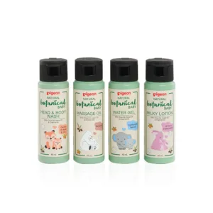 Pigeon Natural Botanical Baby Travel Set featuring four travel-sized bottles: Head and Body Wash, Massage Oil, Water Gel, and Milky Lotion, available at Mini and Me.