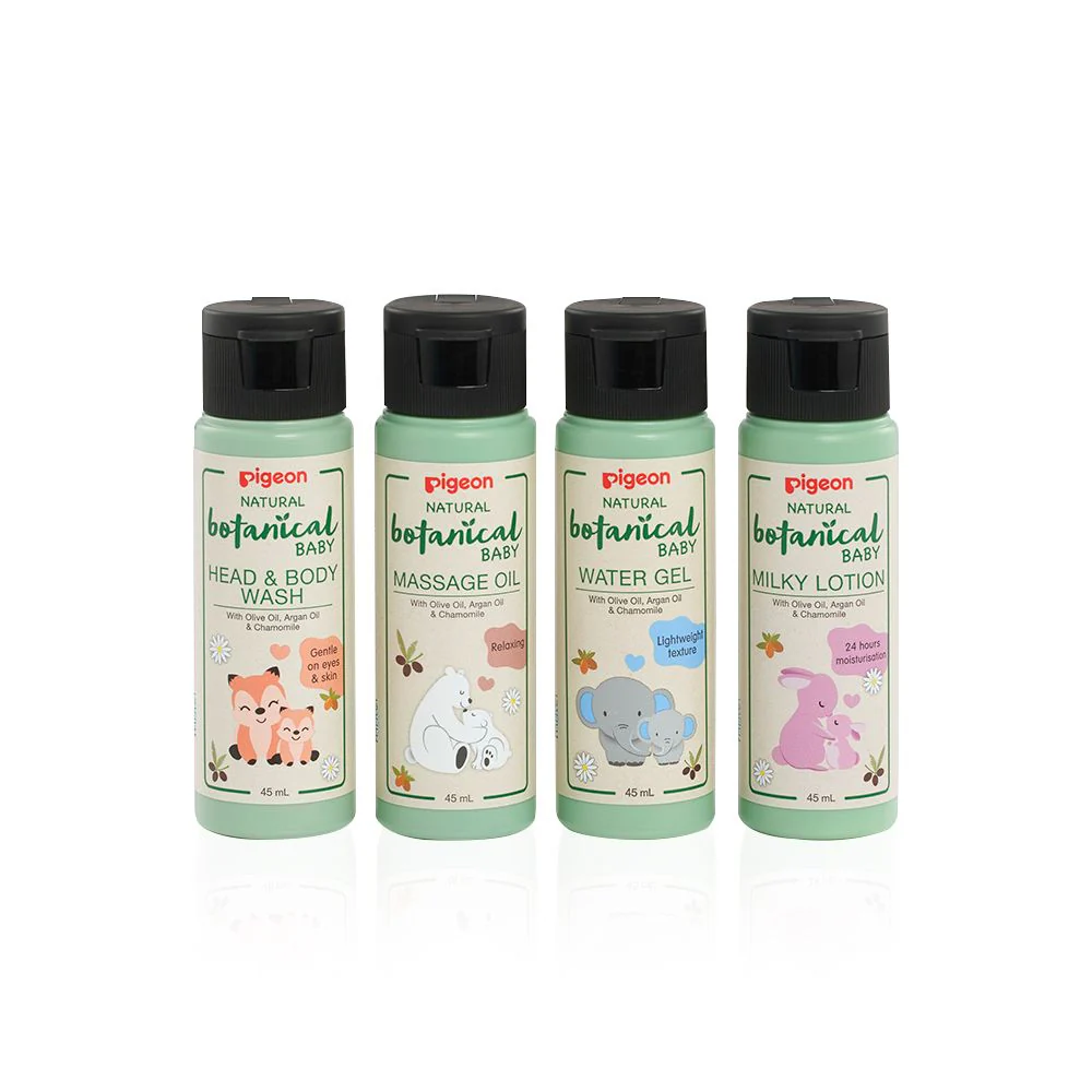 i78408_i Pigeon Natural Botanical Baby Travel Set featuring four travel-sized bottles: Head and Body Wash, Massage Oil, Water Gel, and Milky Lotion, available at Mini and Me.