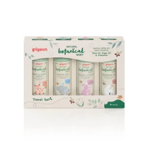 Pigeon Natural Botanical Baby Travel Set featuring four travel-sized bottles: Head and Body Wash, Massage Oil, Water Gel, and Milky Lotion, available at Mini and Me.