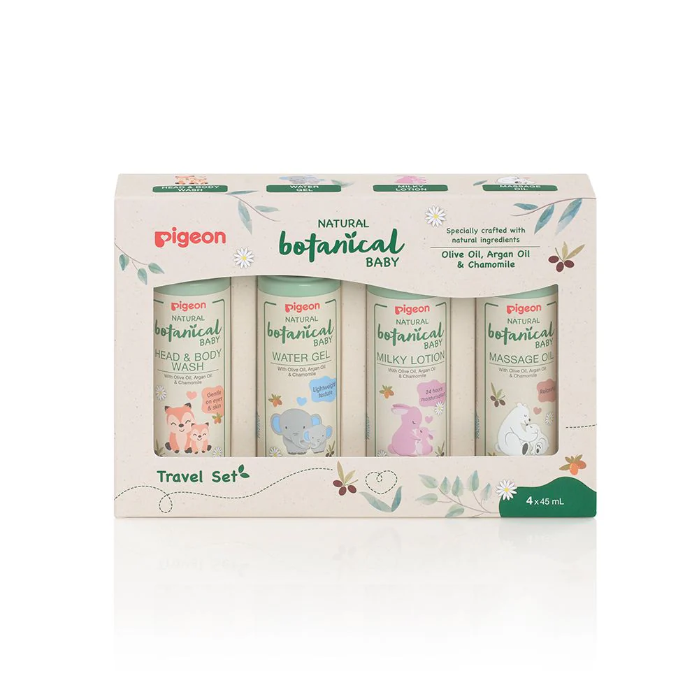 i78408_ii Pigeon Natural Botanical Baby Travel Set featuring four travel-sized bottles: Head and Body Wash, Massage Oil, Water Gel, and Milky Lotion, available at Mini and Me.