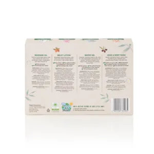 Pigeon Natural Botanical Baby Travel Set featuring four travel-sized bottles: Head and Body Wash, Massage Oil, Water Gel, and Milky Lotion, available at Mini and Me.