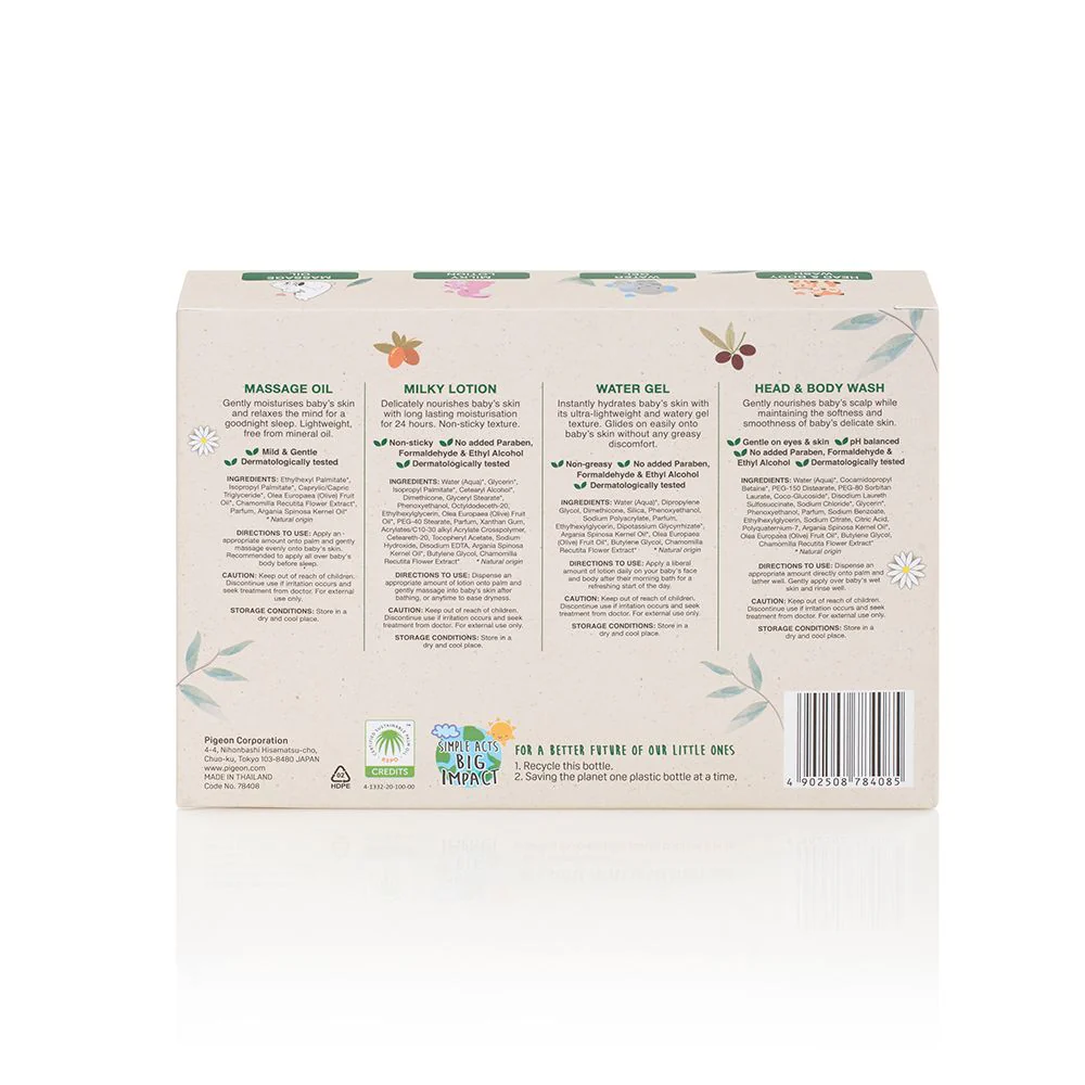 i78408_iii Pigeon Natural Botanical Baby Travel Set featuring four travel-sized bottles: Head and Body Wash, Massage Oil, Water Gel, and Milky Lotion, available at Mini and Me.