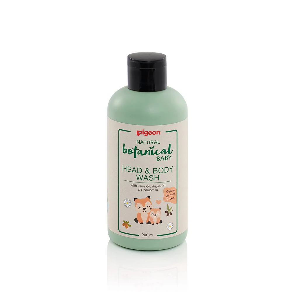 i78409 Pigeon Natural Botanical Baby Head and Body Wash 200ml light green bottle with a black flip top cap featuring olive oil, argan oil, and chamomile illustrations on the label
