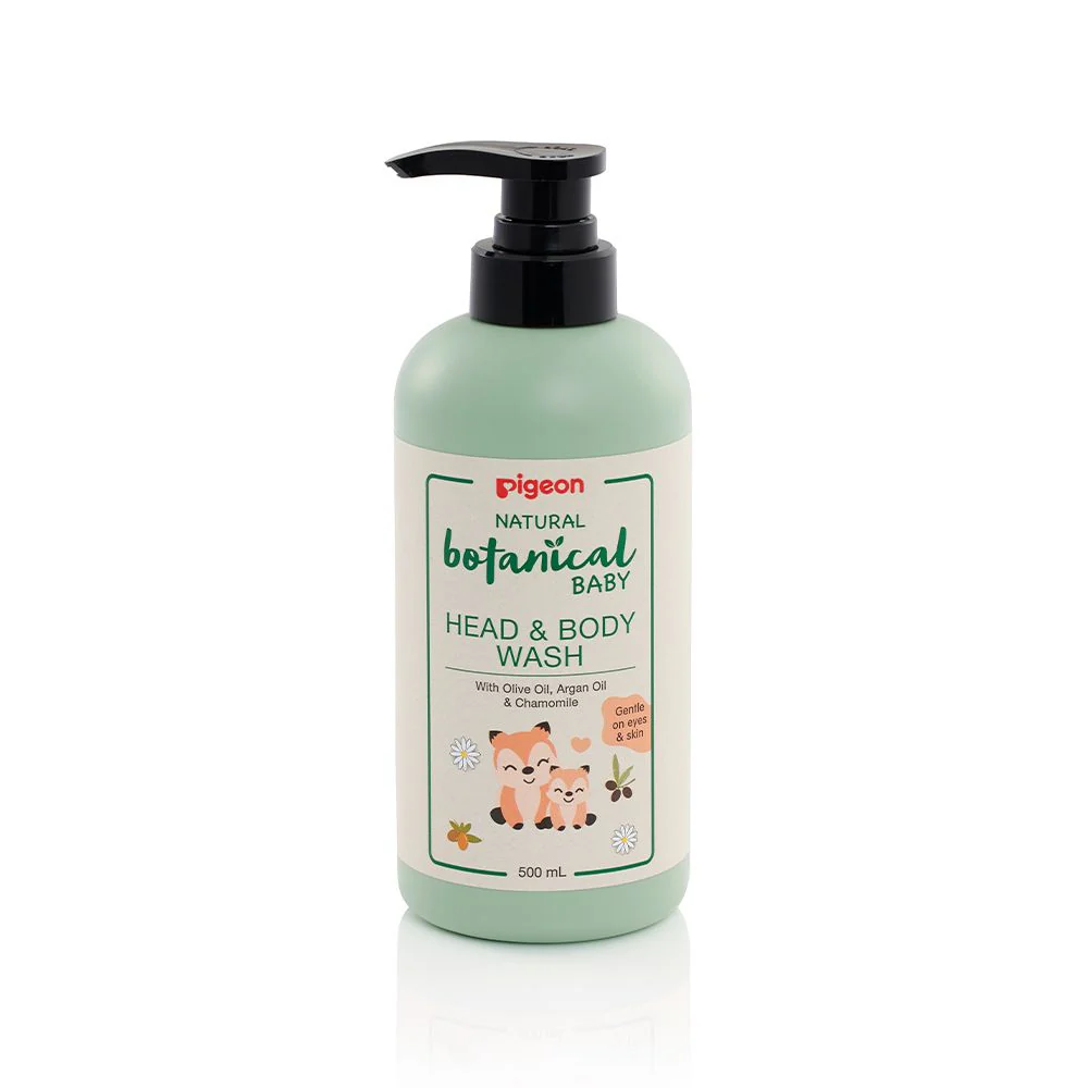 i78410 Pigeon Natural Botanical Baby Head and Body Wash 500ml light green pump bottle featuring olive oil, argan oil, and chamomile ingredients with a cute cartoon fox label