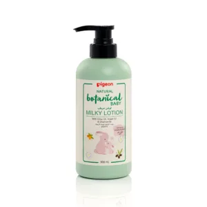 Pigeon Natural Botanical Baby Milky Lotion 500ml light green pump bottle featuring olive oil, argan oil, and chamomile ingredients with a cute cartoon rabbit label