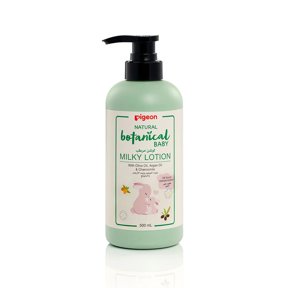 i78412 Pigeon Natural Botanical Baby Milky Lotion 500ml light green pump bottle featuring olive oil, argan oil, and chamomile ingredients with a cute cartoon rabbit label