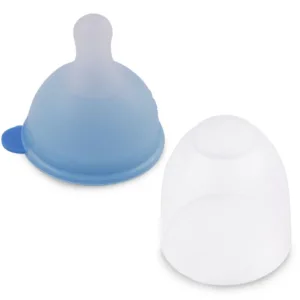 Blue silicone baby medicine feeder with a clear protective storage cap on a white background.