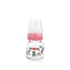 Farlin glass baby feeding bottle with pink collar and cap, featuring a colorful cartoon train and tree print on a clear glass body.