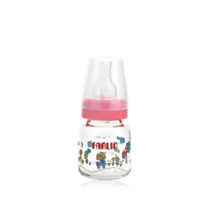 Farlin glass baby feeding bottle with pink collar and cap, featuring a colorful cartoon train and tree print on a clear glass body.