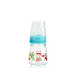 Farlin small clear baby feeding bottle with a teal cap and cute colorful gift print
