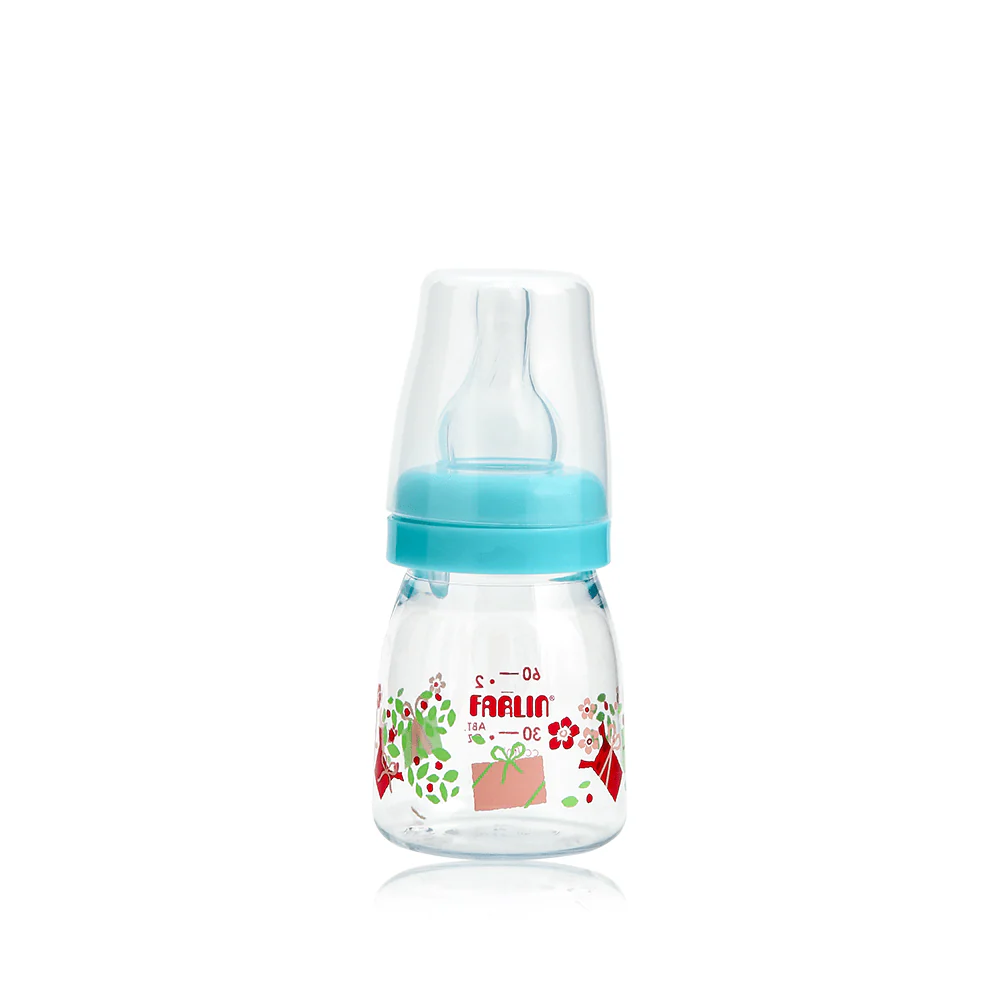 nf-205-blue.-min Farlin small clear baby feeding bottle with a teal cap and cute colorful gift print
