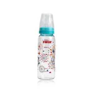 Farlin standard neck clear baby feeding bottle with colorful fireworks print and a teal cap