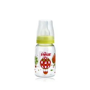 Clear Farlin 120ml baby feeding bottle featuring a lime green screw collar, transparent protective cap, anti-colic silicone nipple, and a colorful print of a hot air balloon, lime slice, and orange slice.