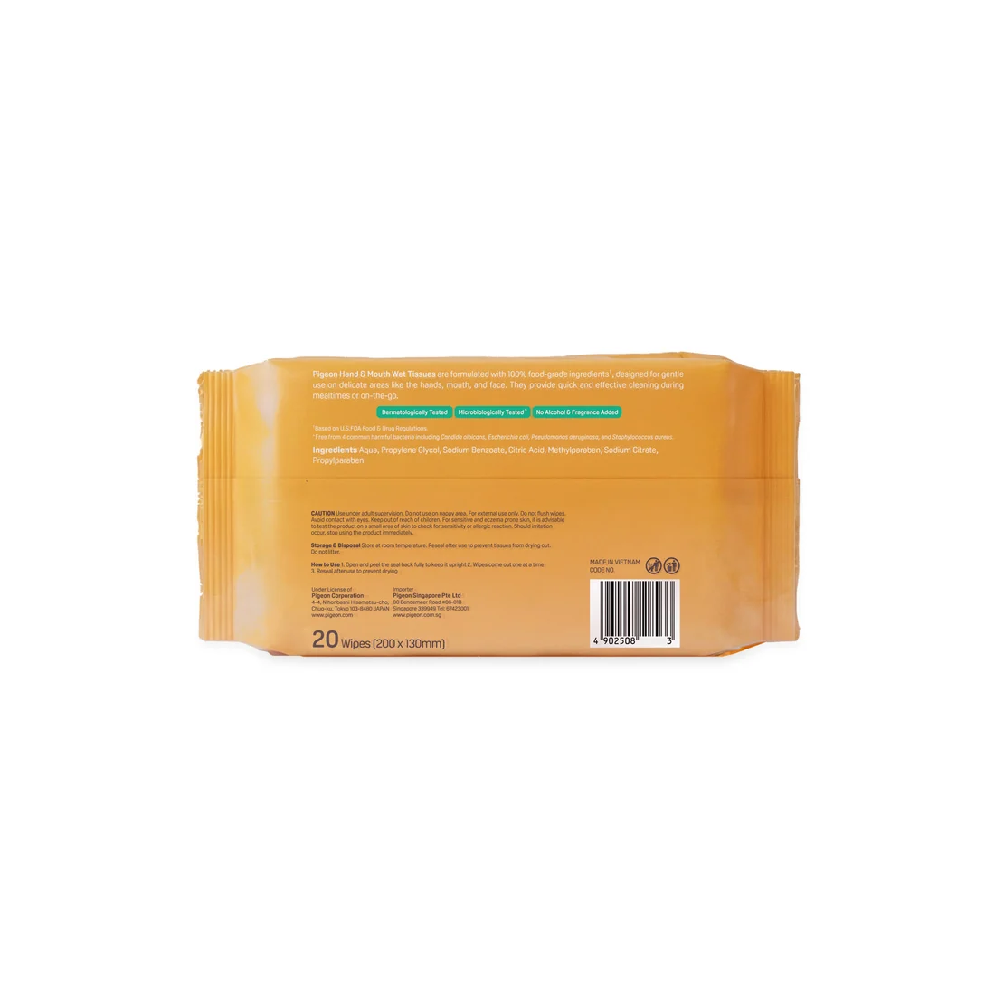 54 A stacked multi-pack of Pigeon Hand and Mouth Wet Tissues featuring a yellow and white packaging layout, highlighting 100% food-grade ingredients and 20 wipes per pack, designed for babies and mealtimes.