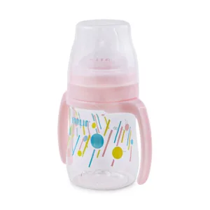 Farlin 150ml toddler transition cup with soft silicone spout and side handles in pastel pink with a secure clear cap.