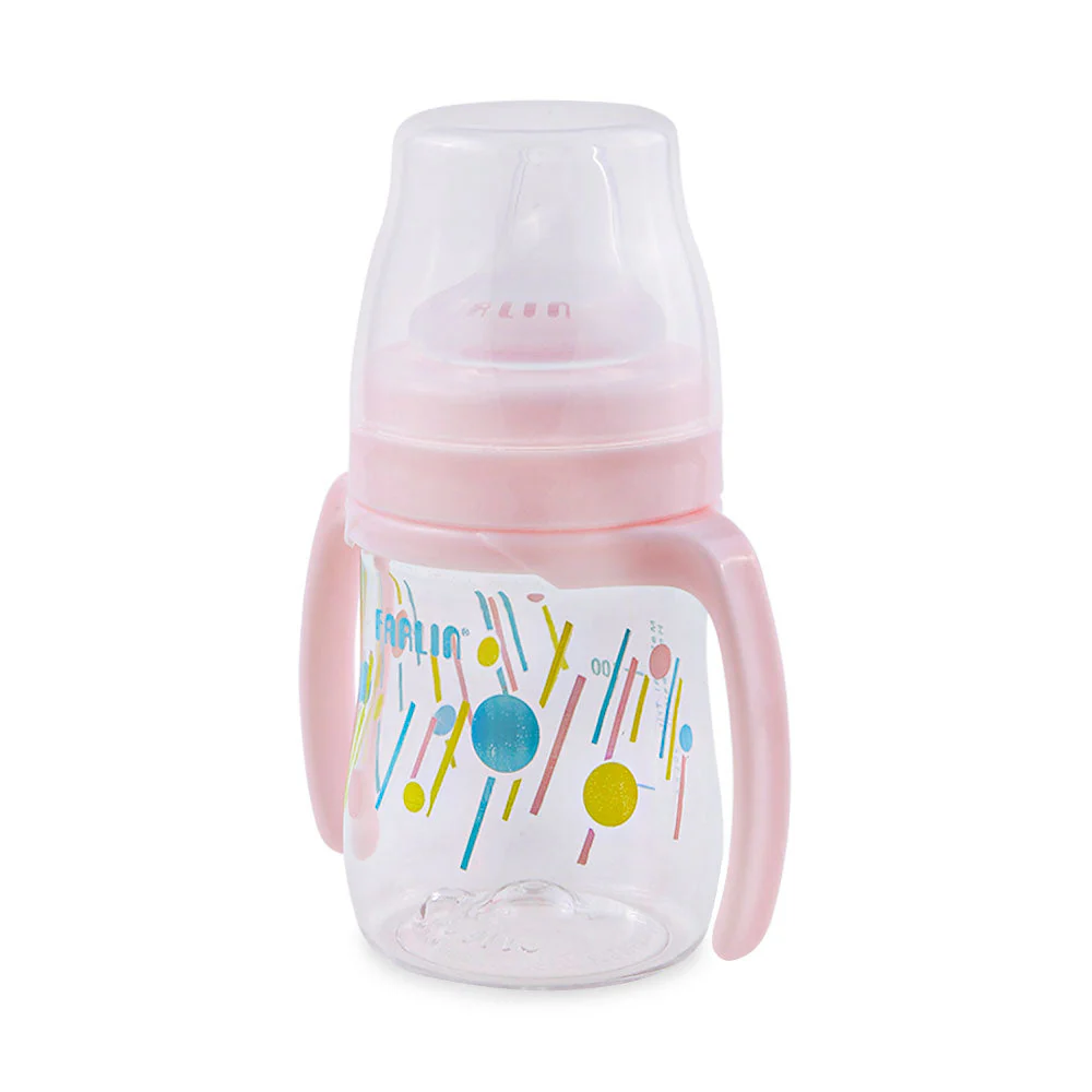 training-cups-ag-10027-pink1 Farlin 150ml toddler transition cup with soft silicone spout and side handles in pastel pink with a secure clear cap.