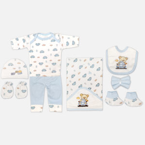 Mini & Me 7-piece light blue and white newborn baby boy layette set featuring car print and teddy bear driver illustration including top, pants, hooded blanket, bib, cap, mittens, and booties