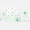 Mini and Me 7 piece mint green newborn baby layette set with hot air balloon print including top pants hooded blanket bib cap mittens booties