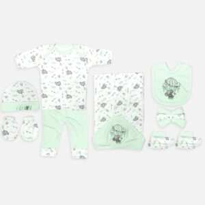 Mini and Me 7 piece mint green newborn baby layette set with hot air balloon print including top pants hooded blanket bib cap mittens booties