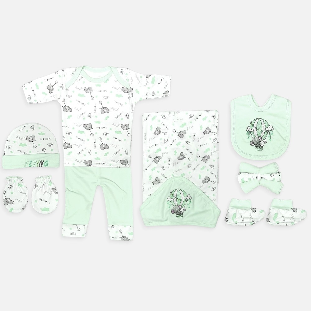 14-1 (1) Mini and Me 7 piece mint green newborn baby layette set with hot air balloon print including top pants hooded blanket bib cap mittens booties