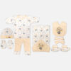 Mini and Me 7 piece newborn baby layette set with hot air balloon print top pants cap bib booties and hooded blanket in beige