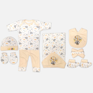 Mini and Me 7 piece newborn baby layette set with hot air balloon print top pants cap bib booties and hooded blanket in beige