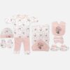 Mini and Me 7 piece blush pink baby girl layette set with hot air balloon print including top pants hooded blanket bib cap mittens booties