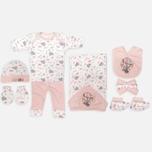Mini and Me 7 piece blush pink baby girl layette set with hot air balloon print including top pants hooded blanket bib cap mittens booties
